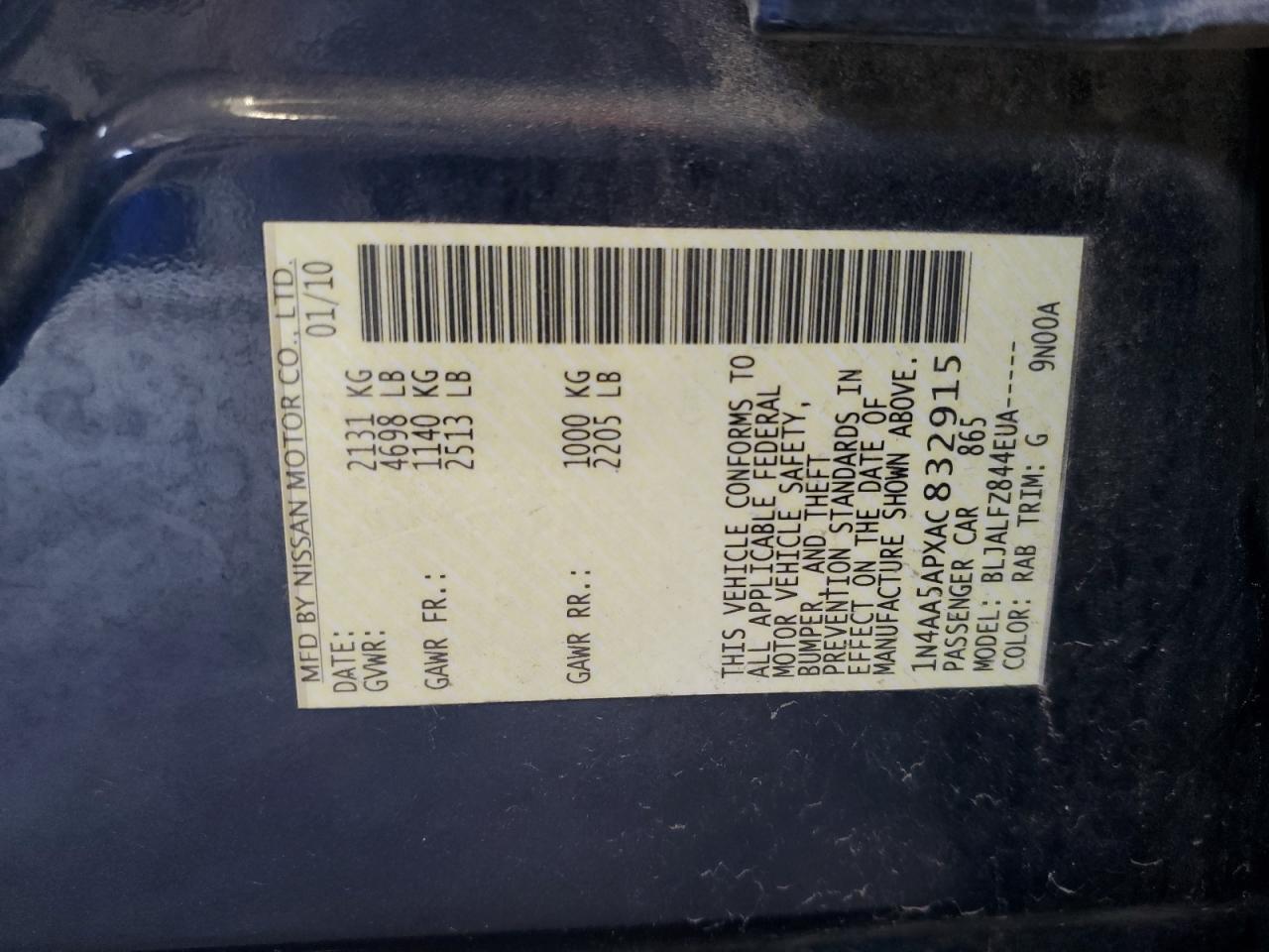 1N4AA5APXAC832915 2010 Nissan Maxima S