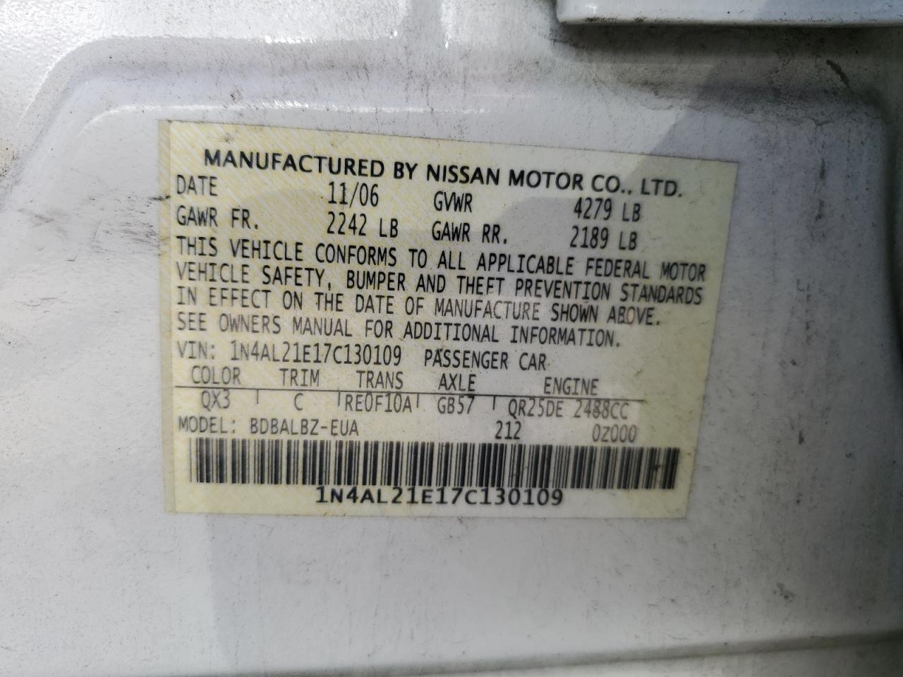 1N4AL21E17C130109 2007 Nissan Altima 2.5