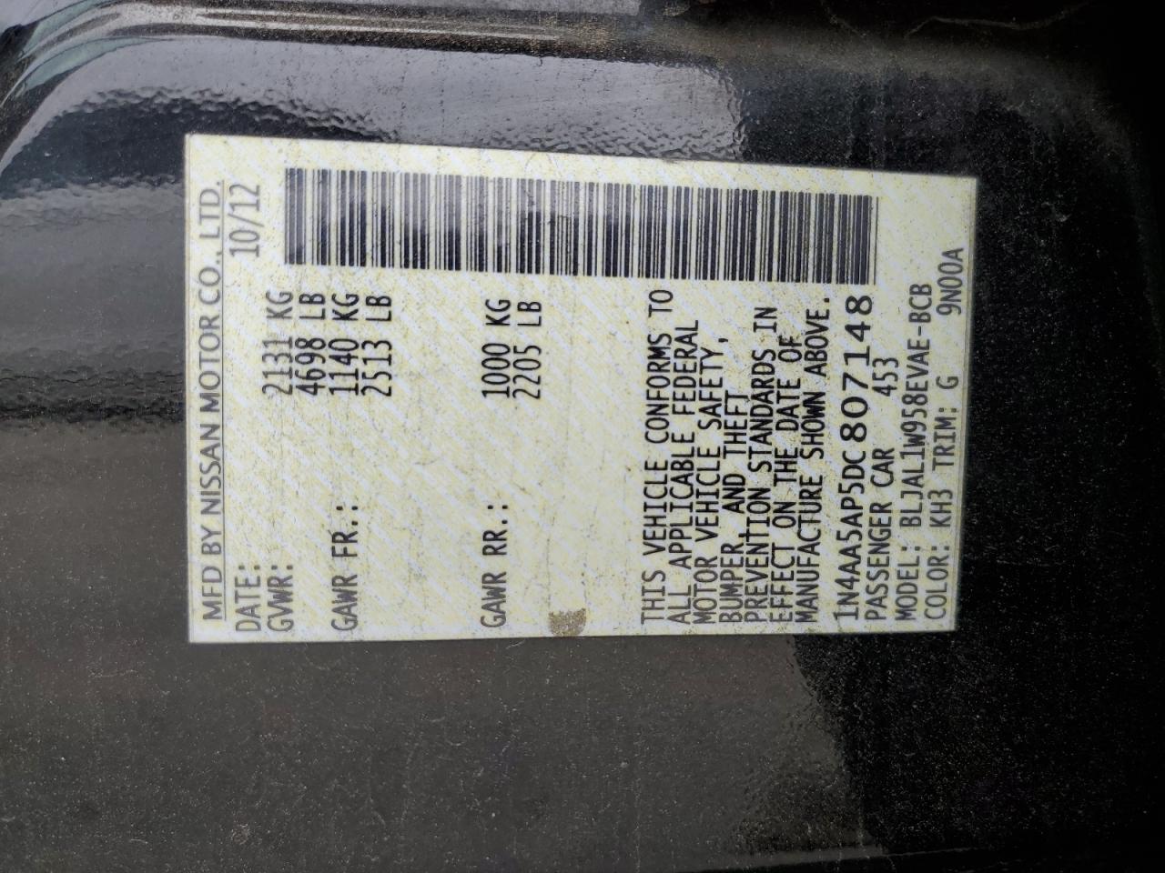 1N4AA5AP5DC807148 2013 Nissan Maxima S