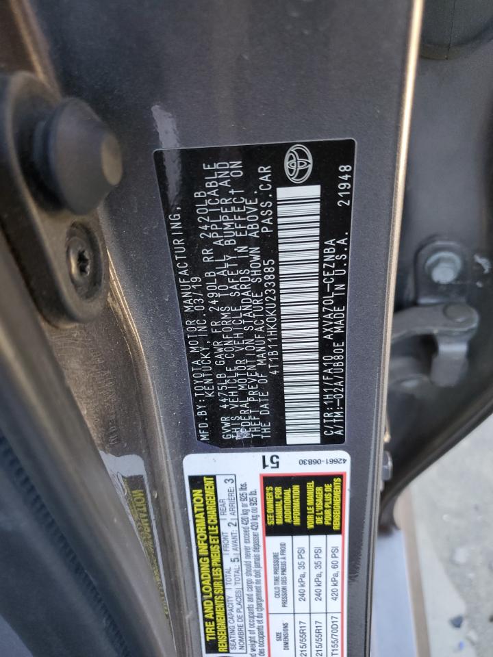 4T1B11HK0KU233885 2019 Toyota Camry L