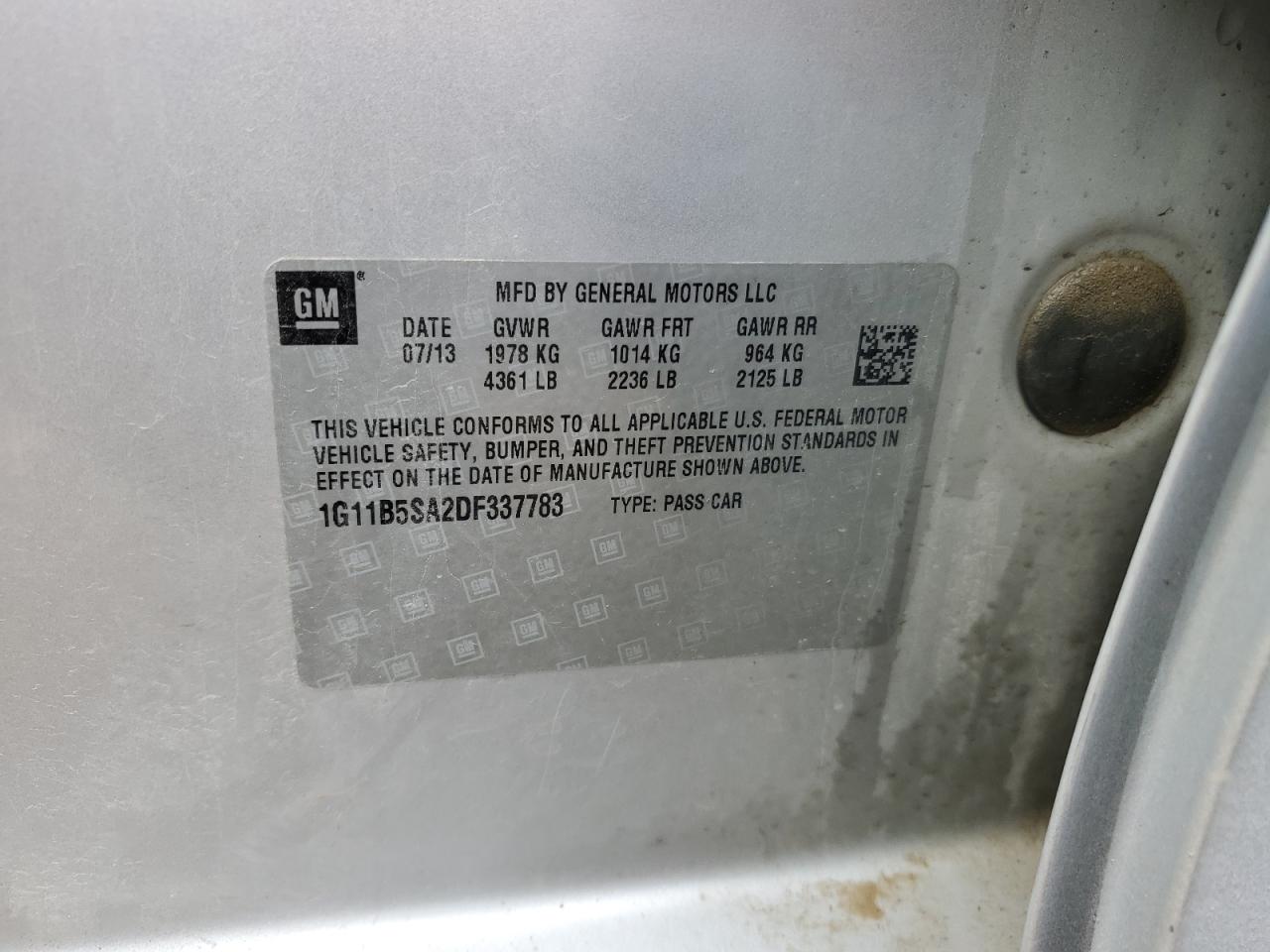 1G11B5SA2DF337783 2013 Chevrolet Malibu Ls