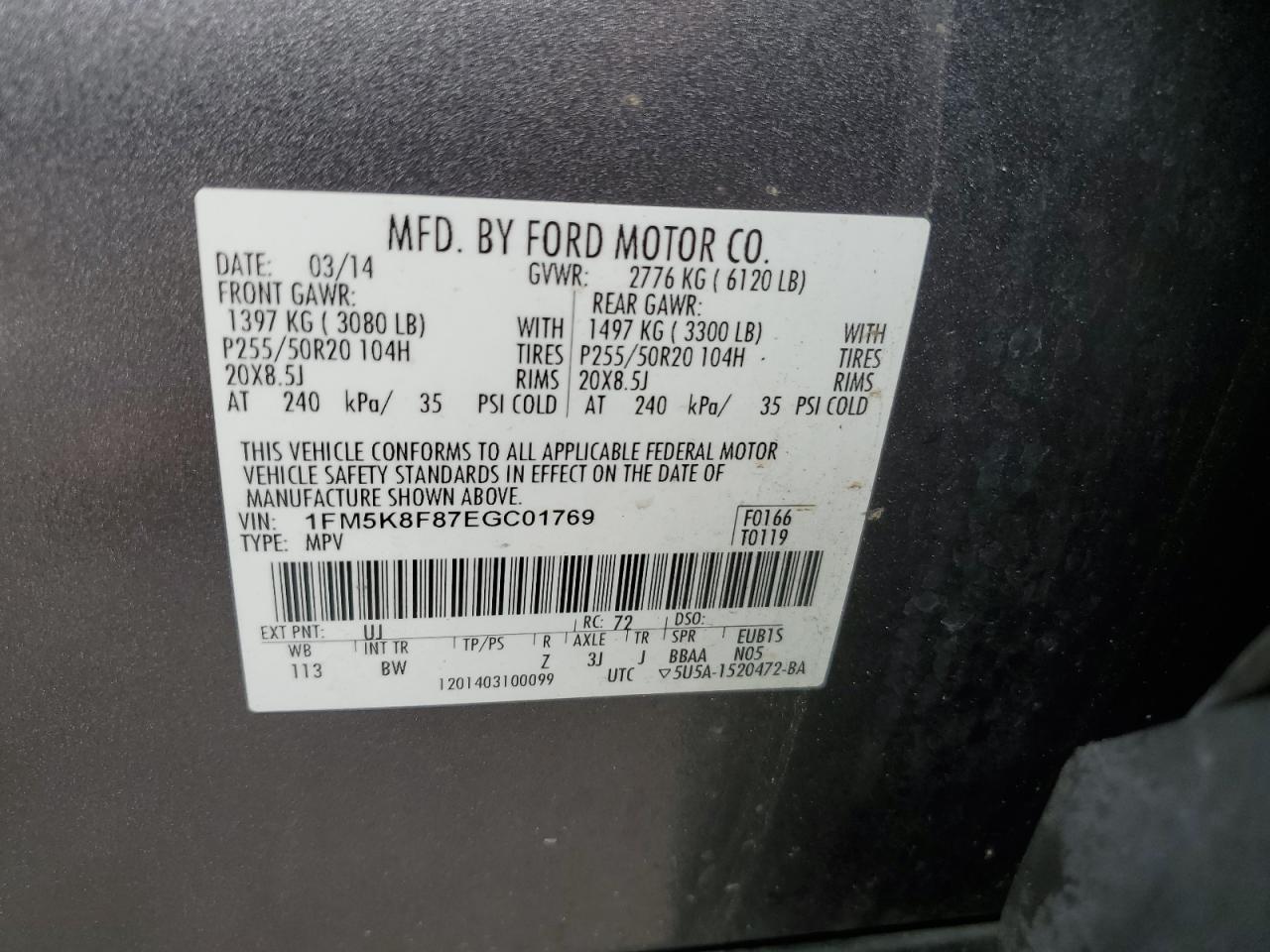 1FM5K8F87EGC01769 2014 Ford Explorer Limited