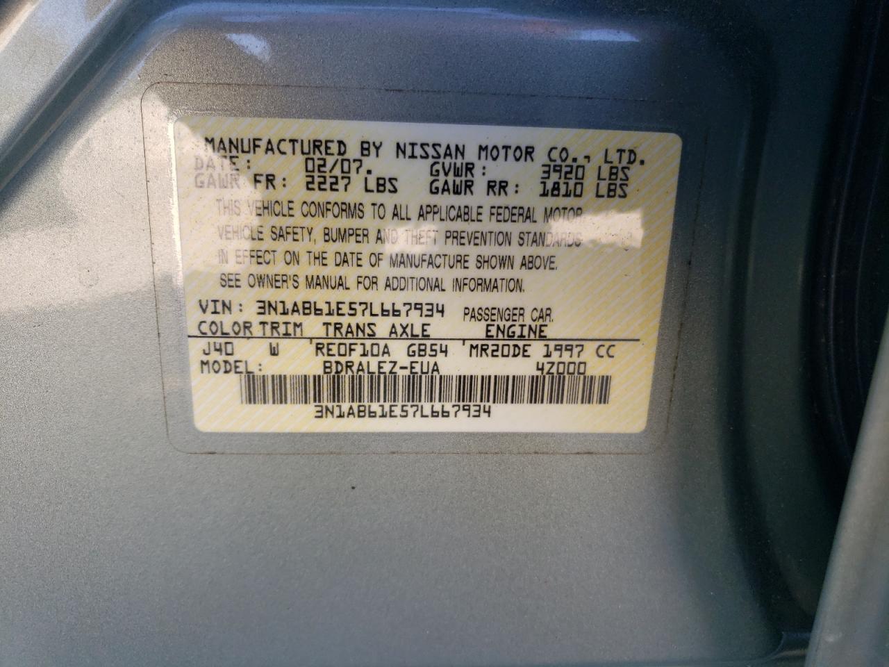 3N1AB61E57L667934 2007 Nissan Sentra 2.0