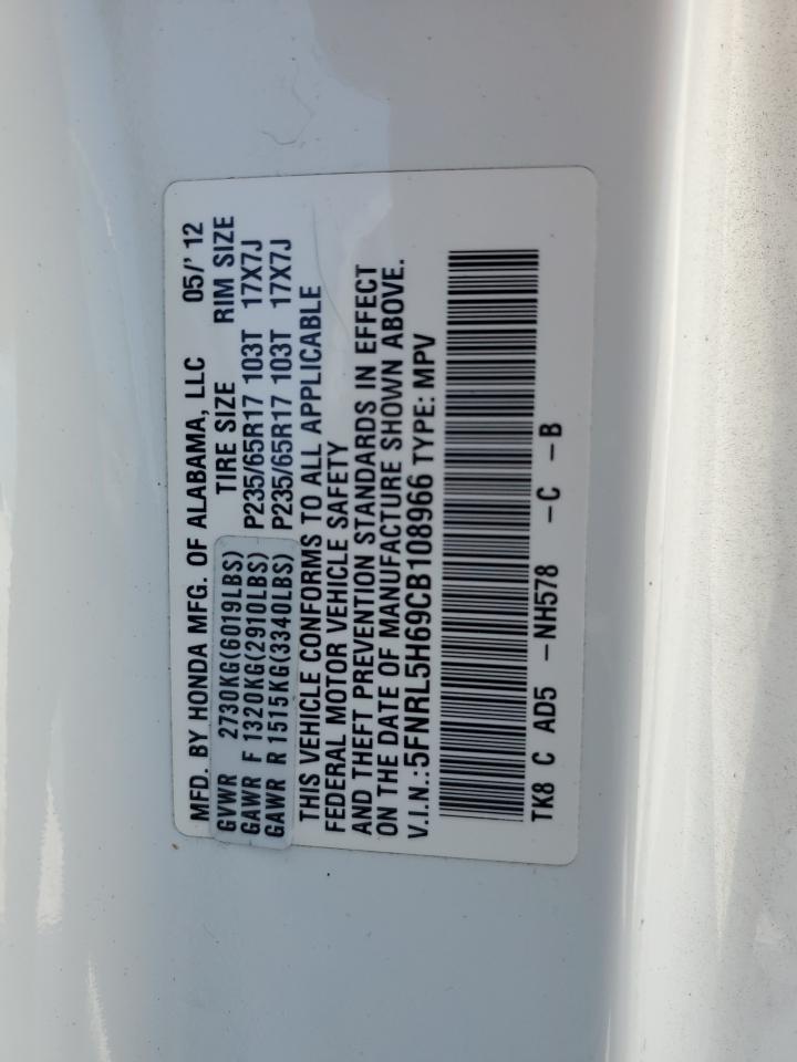 5FNRL5H69CB108966 2012 Honda Odyssey Exl