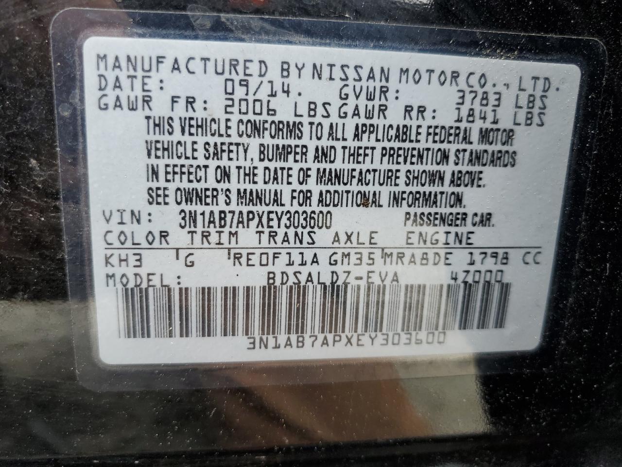 3N1AB7APXEY303600 2014 Nissan Sentra S