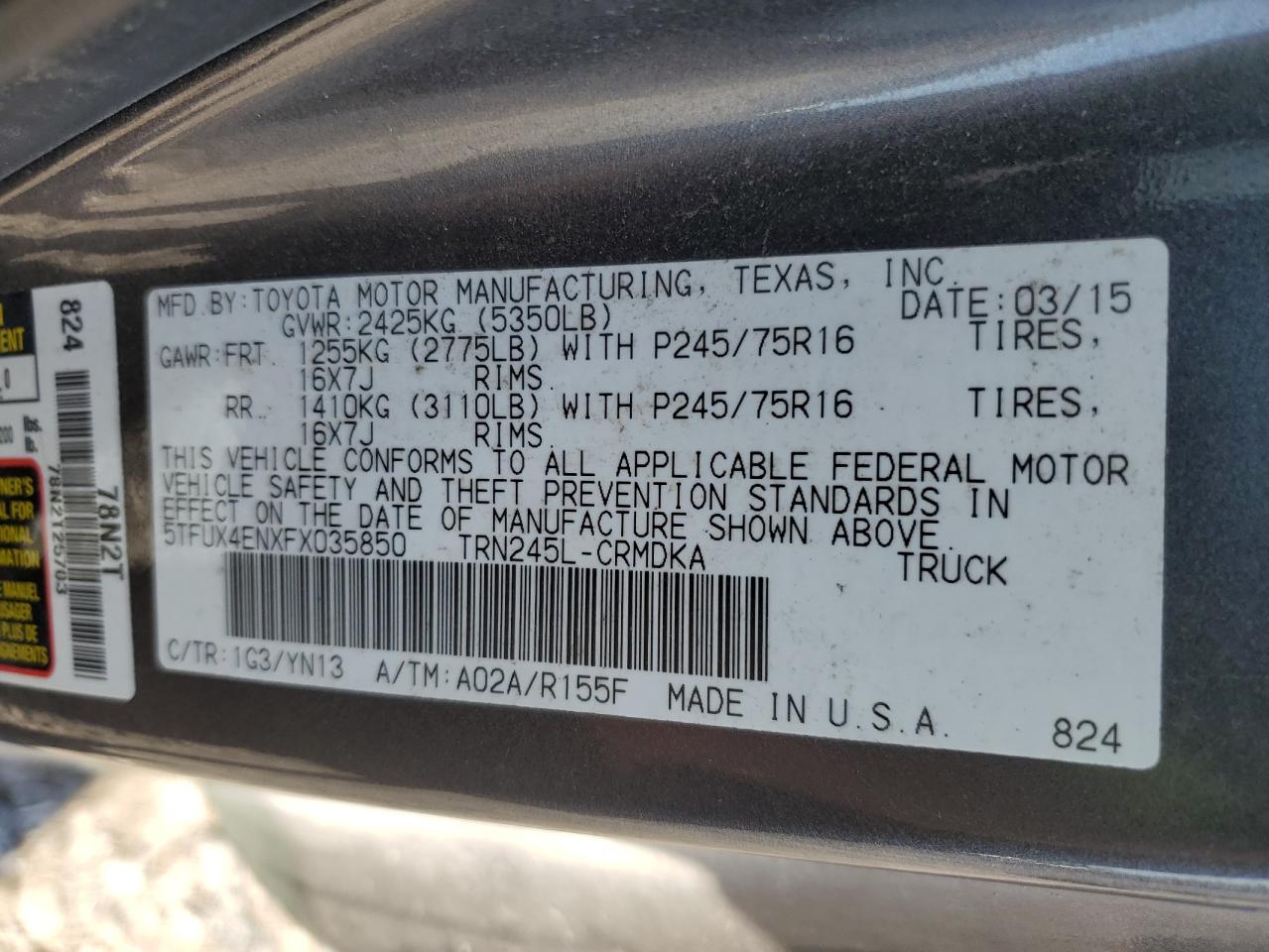 5TFUX4ENXFX035850 2015 Toyota Tacoma Access Cab