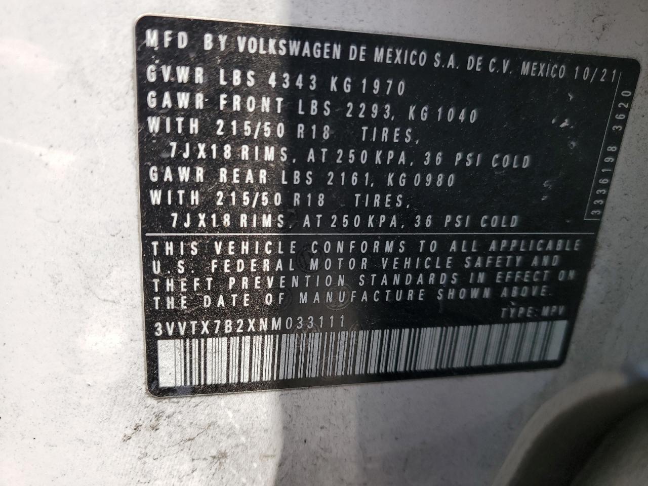 3VVTX7B2XNM033111 2022 Volkswagen Taos Se