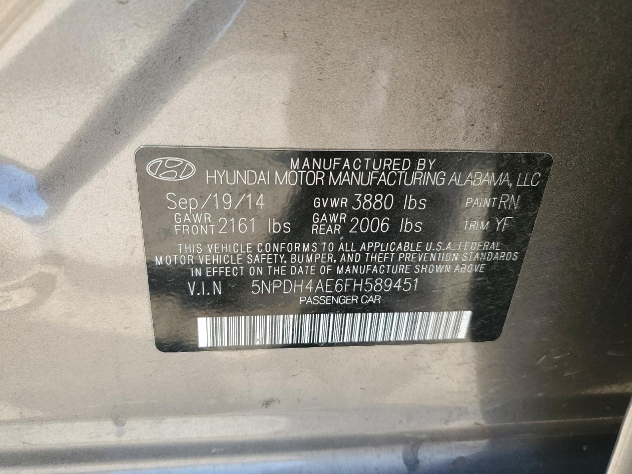 5NPDH4AE6FH589451 2015 Hyundai Elantra Se