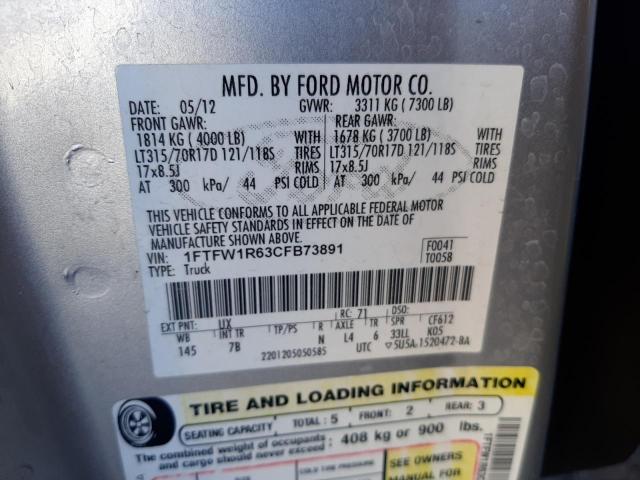 2012 Ford F150 Svt Raptor VIN: 1FTFW1R63CFB73891 Lot: 54268454