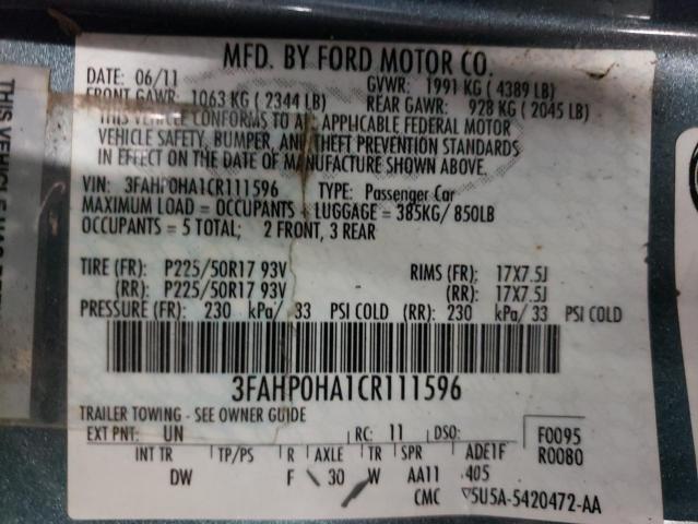 2012 Ford Fusion Se VIN: 3FAHP0HA1CR111596 Lot: 55269124