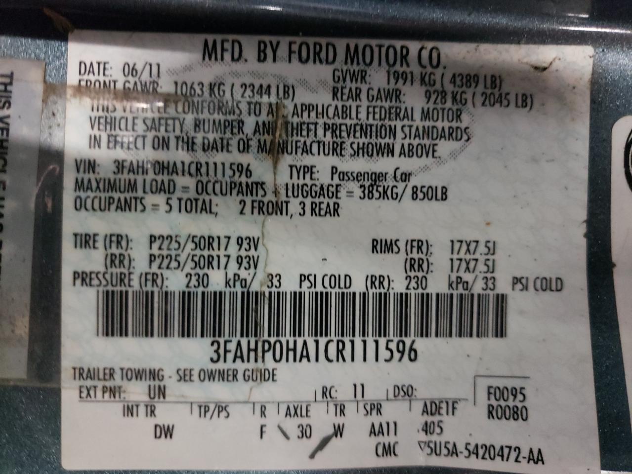 3FAHP0HA1CR111596 2012 Ford Fusion Se