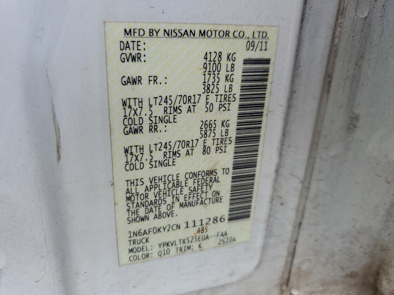 1N6AF0KY2CN111286 2012 Nissan Nv 2500