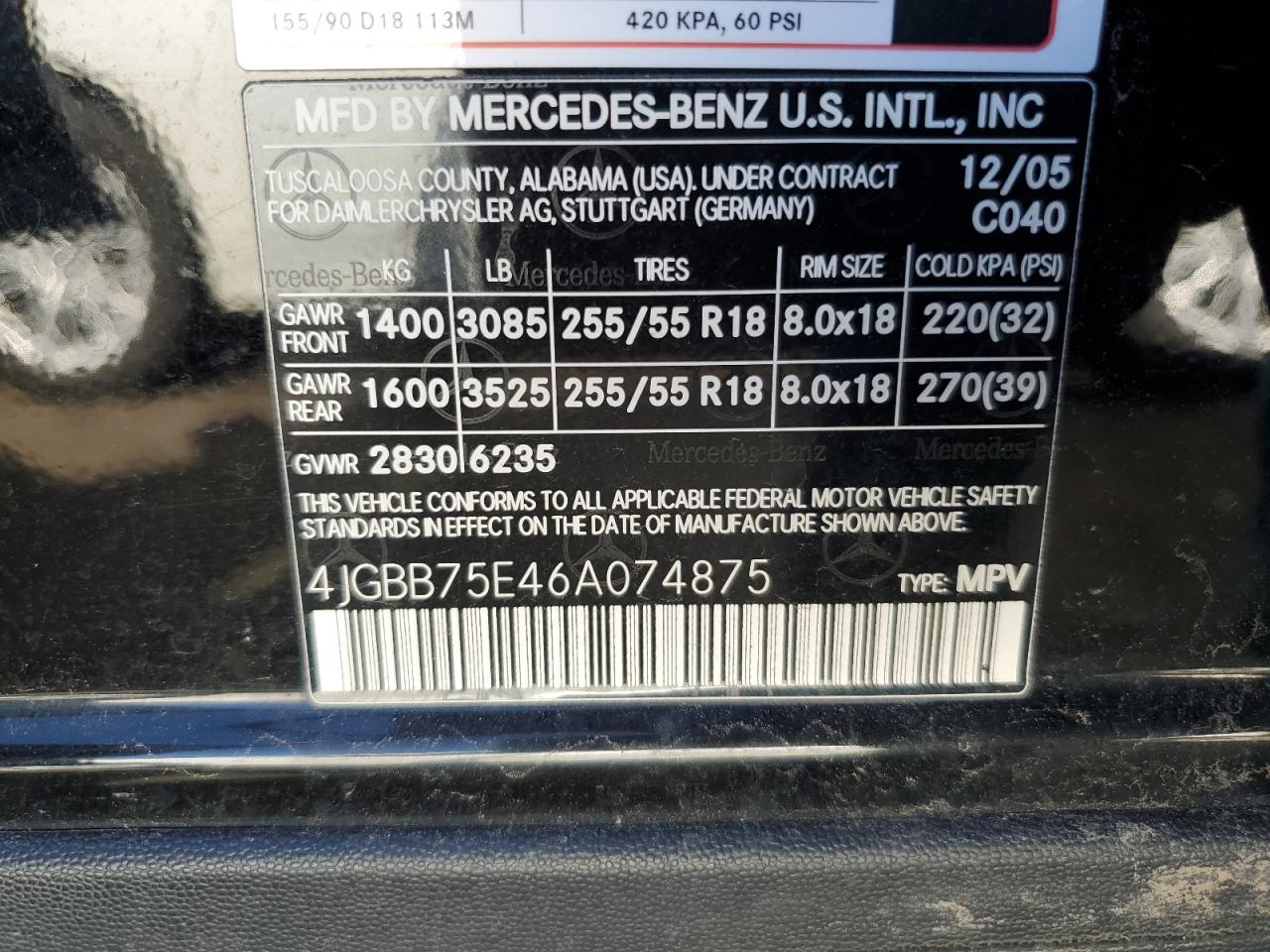 4JGBB75E46A074875 2006 Mercedes-Benz Ml 500