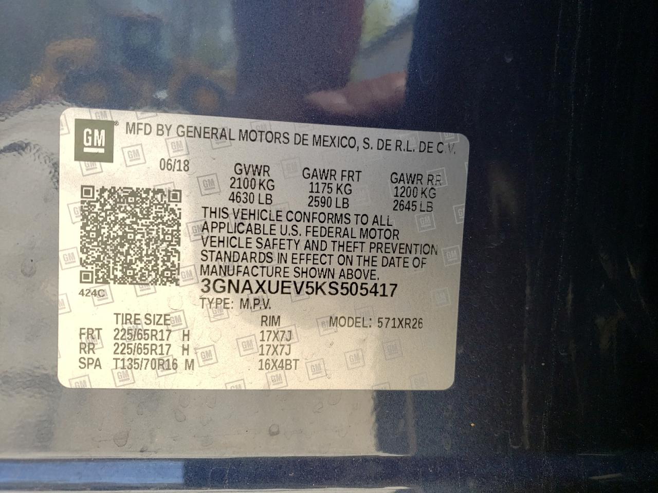 3GNAXUEV5KS505417 2019 Chevrolet Equinox Lt
