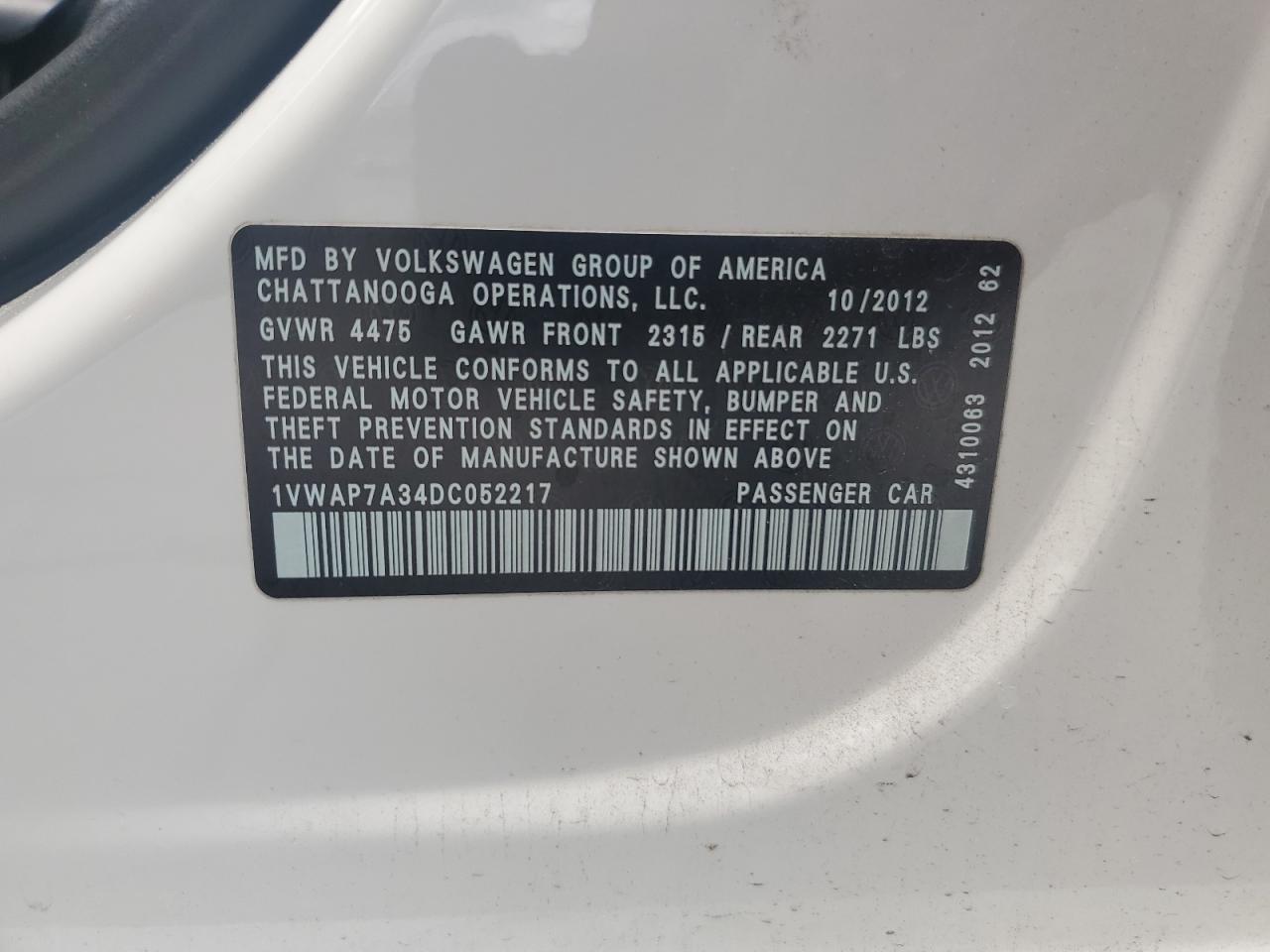 1VWAP7A34DC052217 2013 Volkswagen Passat S