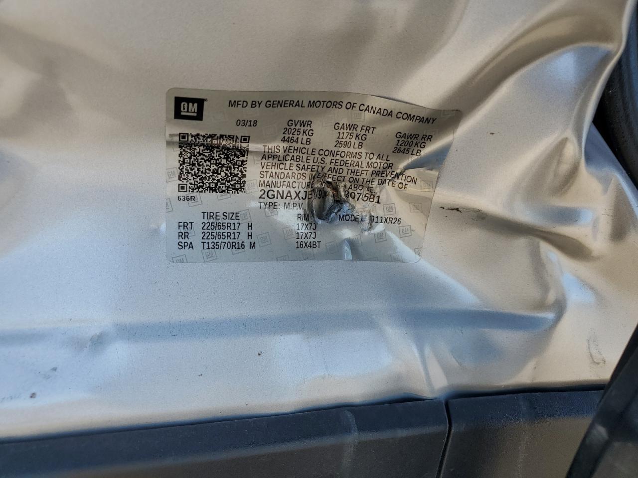 2GNAXJEV9J6307581 2018 Chevrolet Equinox Lt