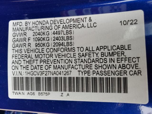 2022 Honda Accord Hybrid Sport VIN: 1HGCV3F27NA041267 Lot: 55572204