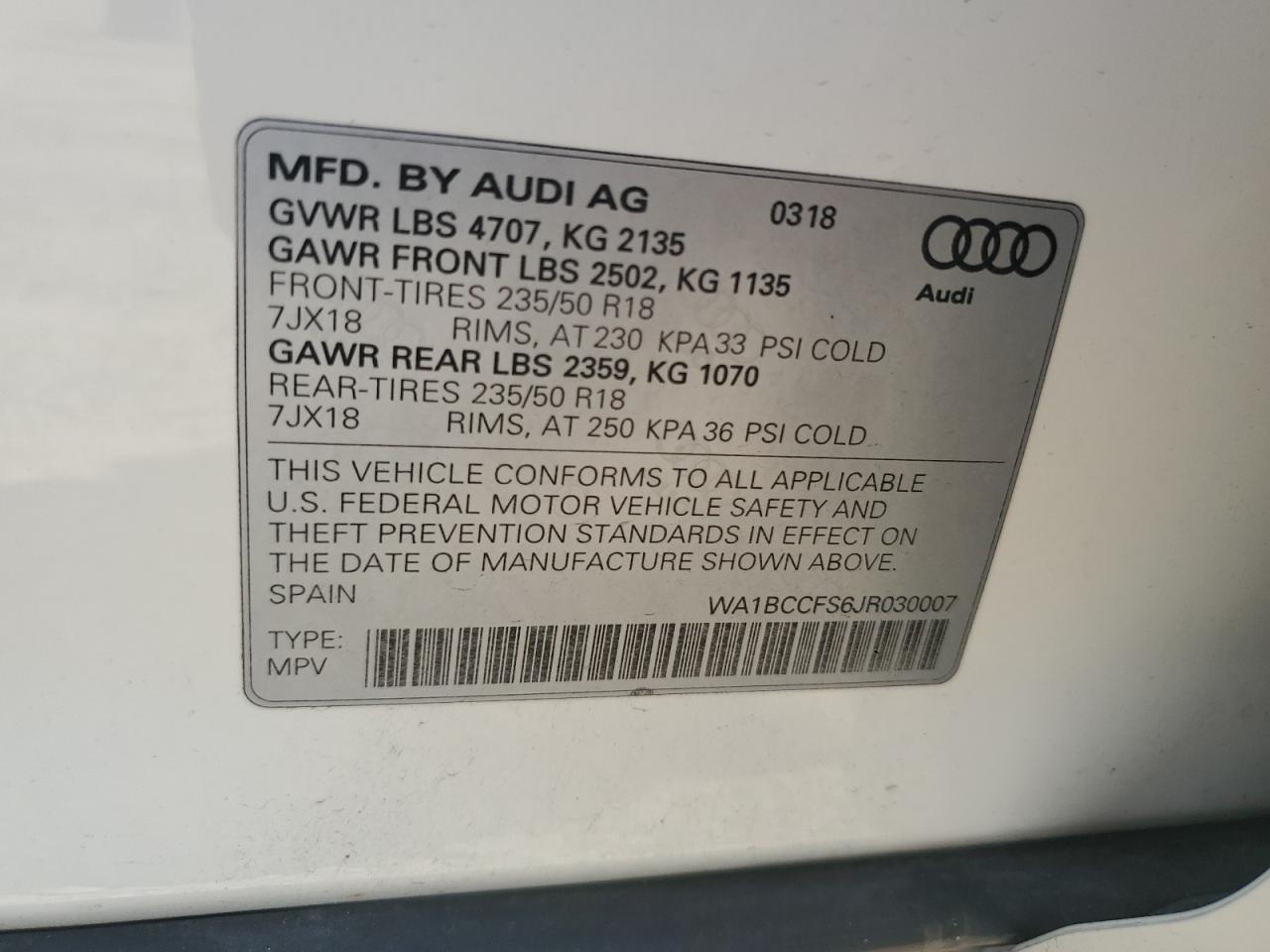 WA1BCCFS6JR030007 2018 Audi Q3 Premium