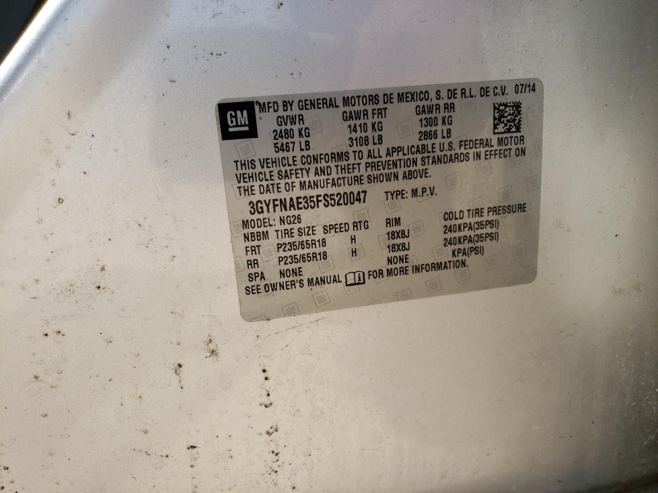 3GYFNAE35FS520047 2015 Cadillac Srx