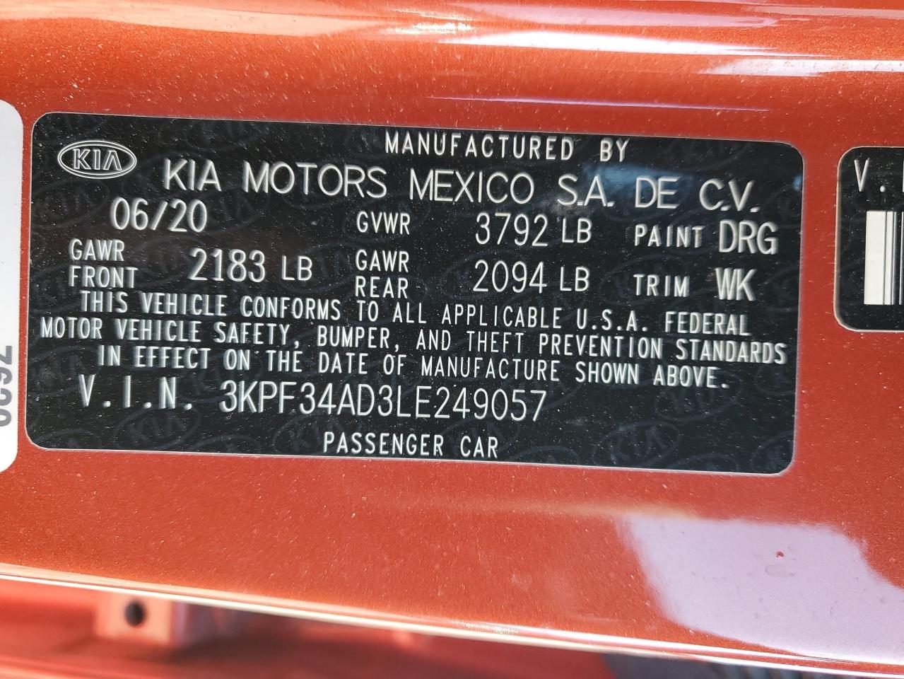 3KPF34AD3LE249057 2020 Kia Forte Gt Line