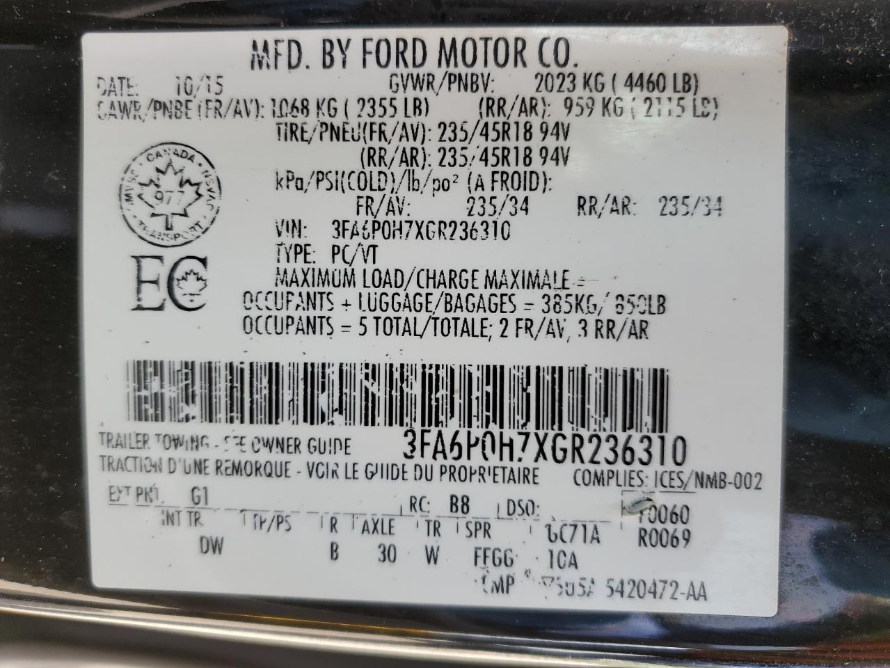 3FA6P0H7XGR236310 2016 Ford Fusion Se