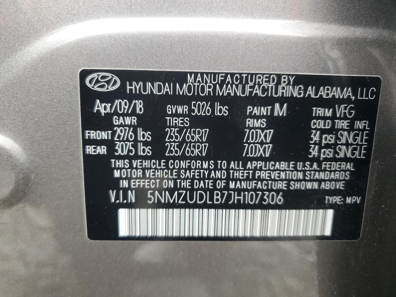 5NMZUDLB7JH107306 2018 Hyundai Santa Fe Sport