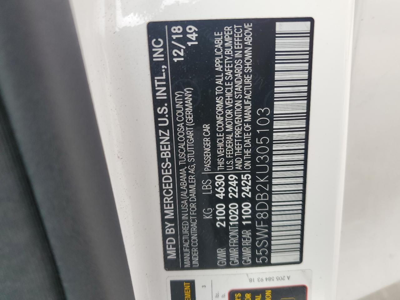 55SWF8DB2KU305103 2019 Mercedes-Benz C 300