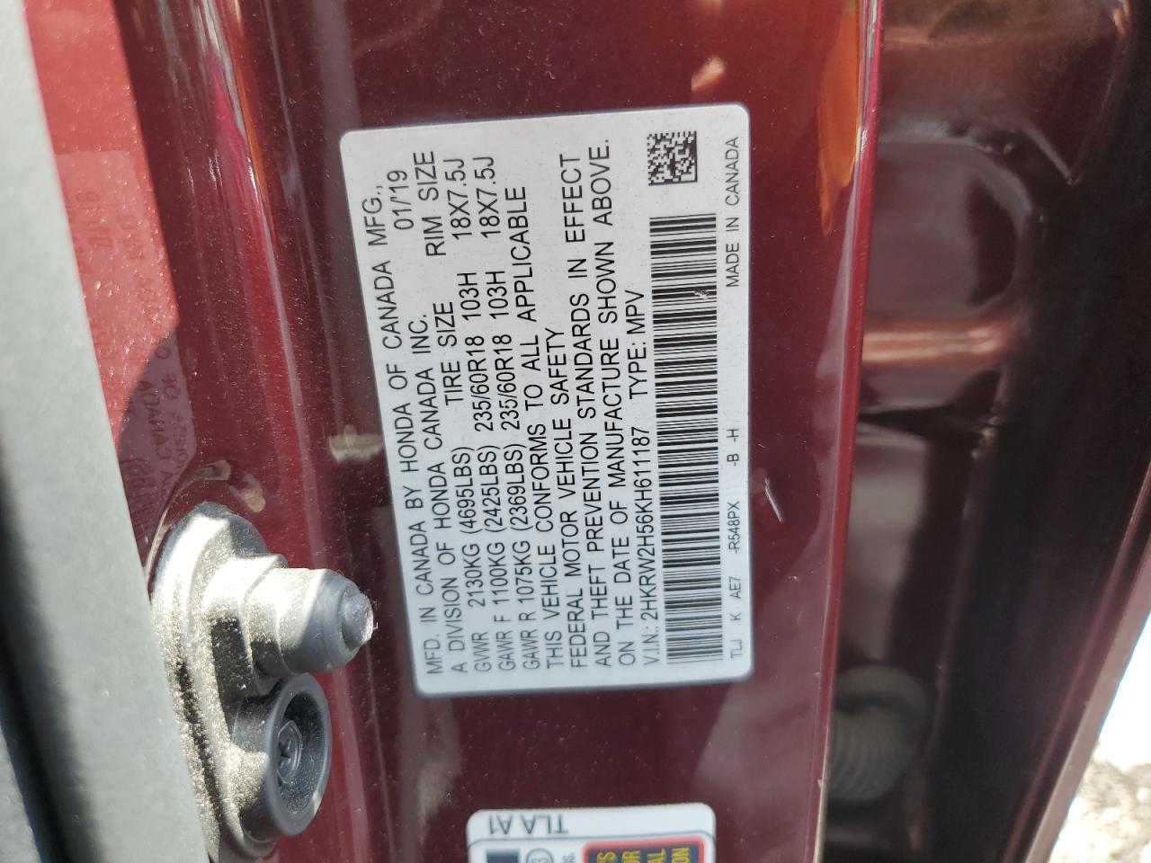 2HKRW2H56KH611187 2019 Honda Cr-V Ex