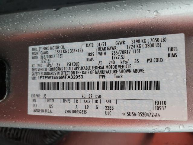 2021 Ford F150 Supercrew VIN: 1FTFW1E86MFA32953 Lot: 53029014