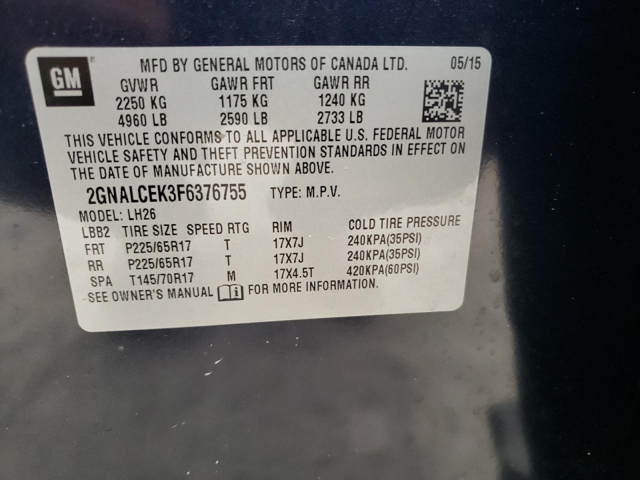 2GNALCEK3F6376755 2015 Chevrolet Equinox Lt