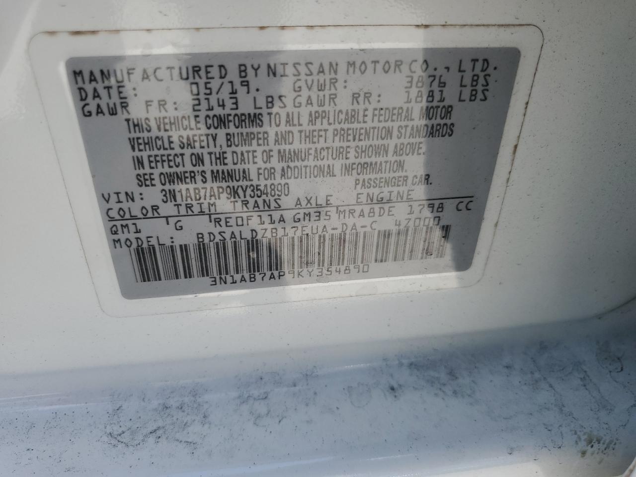 3N1AB7AP9KY354890 2019 Nissan Sentra S