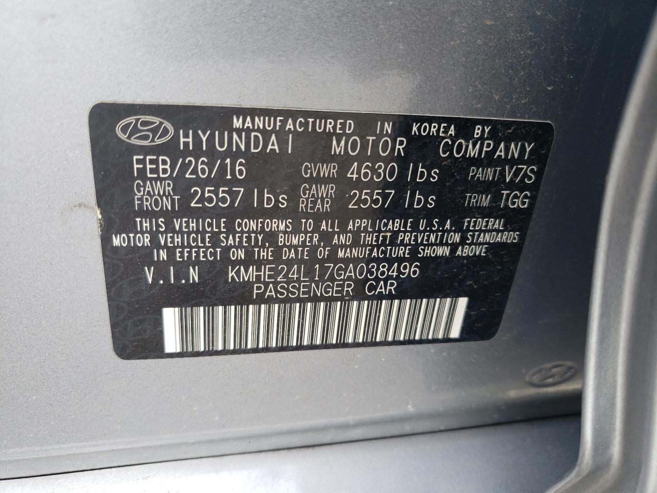 KMHE24L17GA038496 2016 Hyundai Sonata Hybrid