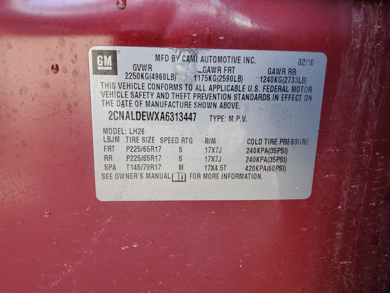 2CNALDEWXA6313447 2010 Chevrolet Equinox Lt