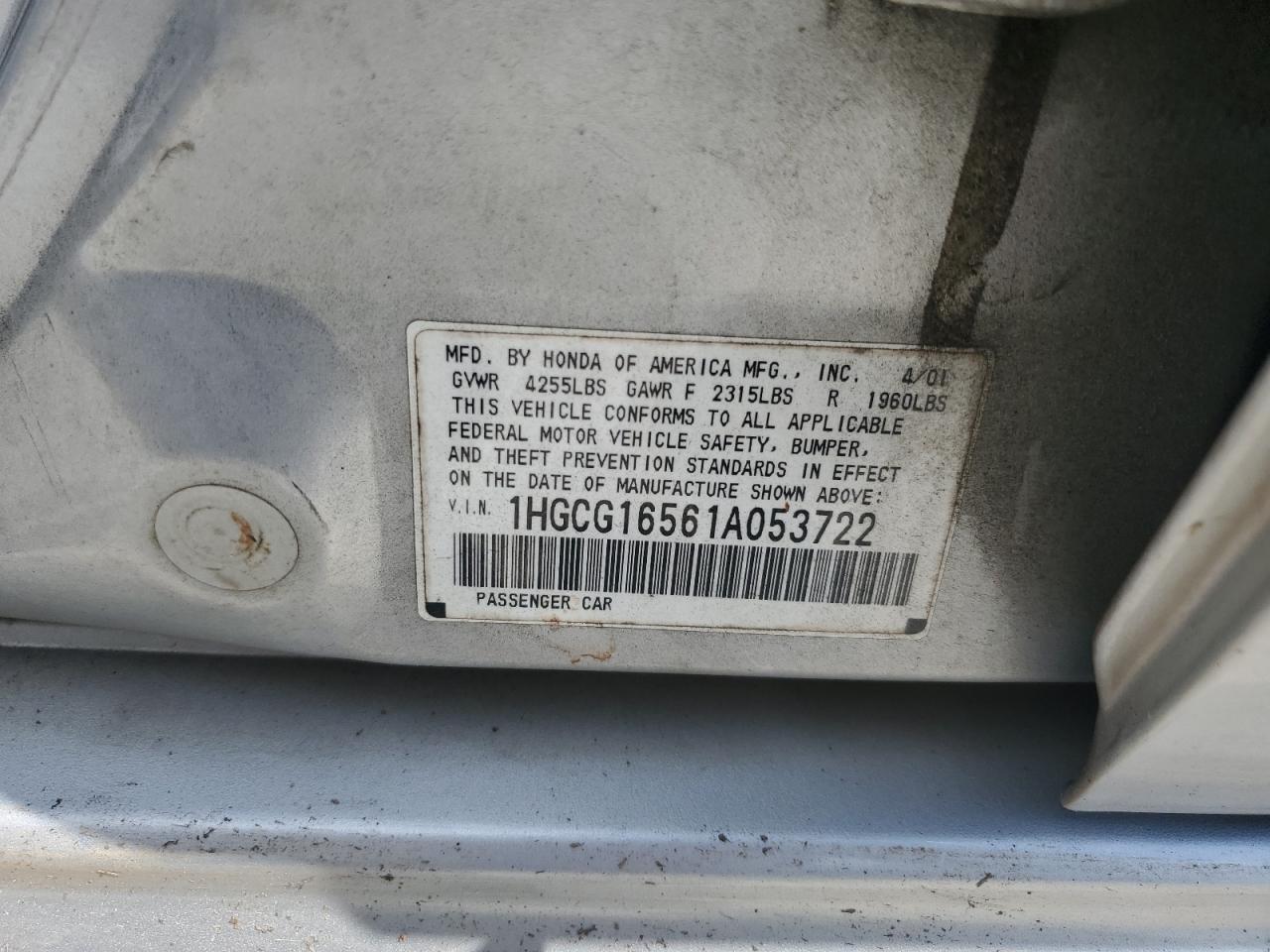 1HGCG16561A053722 2001 Honda Accord Ex