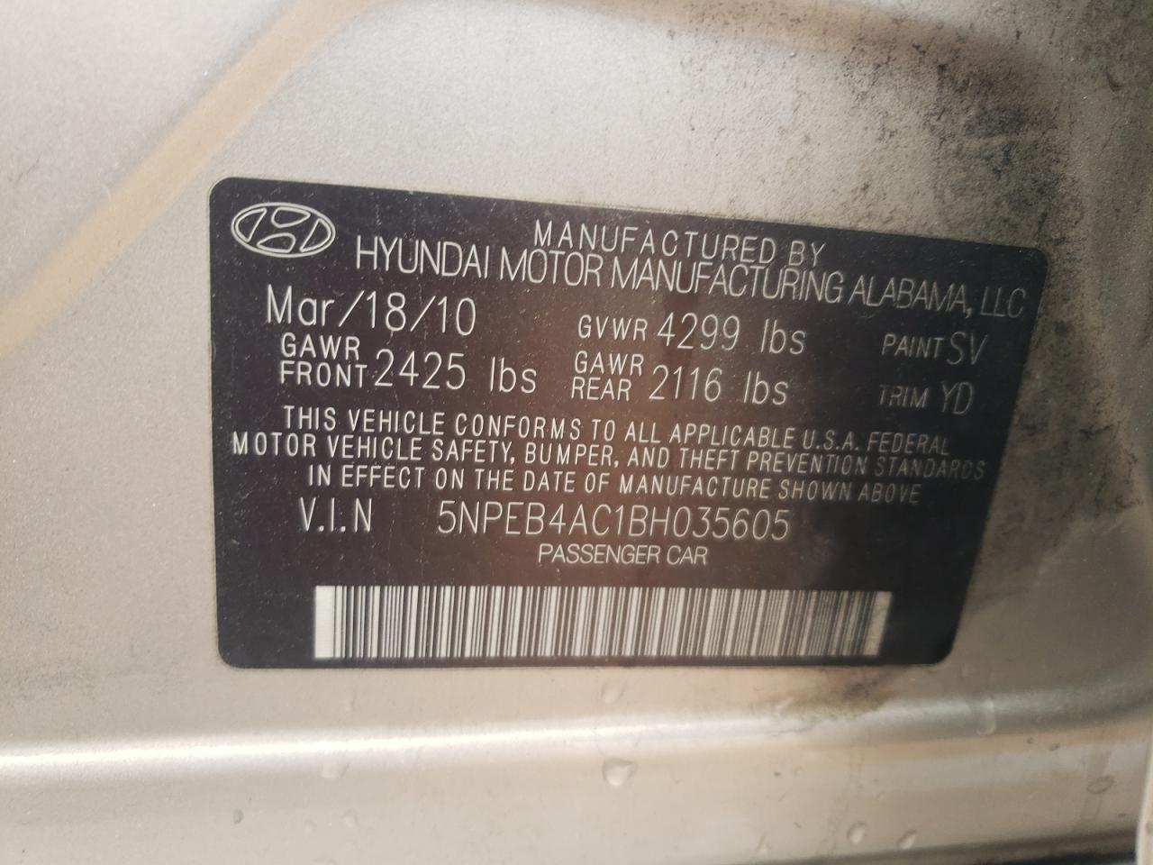 5NPEB4AC1BH035605 2011 Hyundai Sonata Gls