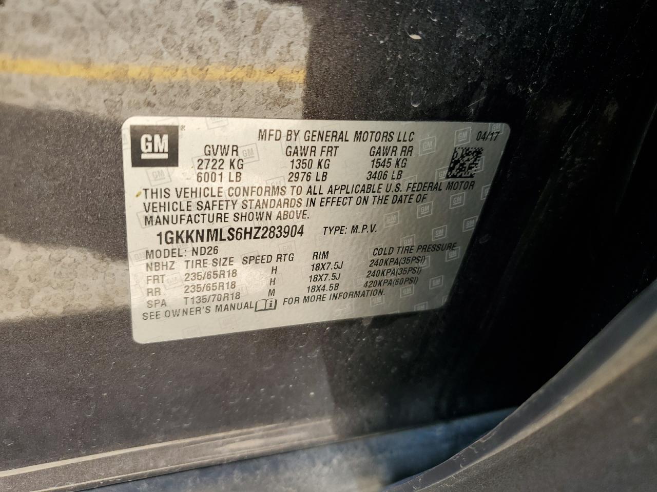 1GKKNMLS6HZ283904 2017 GMC Acadia Slt-1