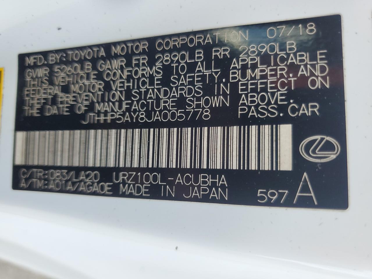 JTHHP5AY8JA005778 2018 Lexus Lc 500