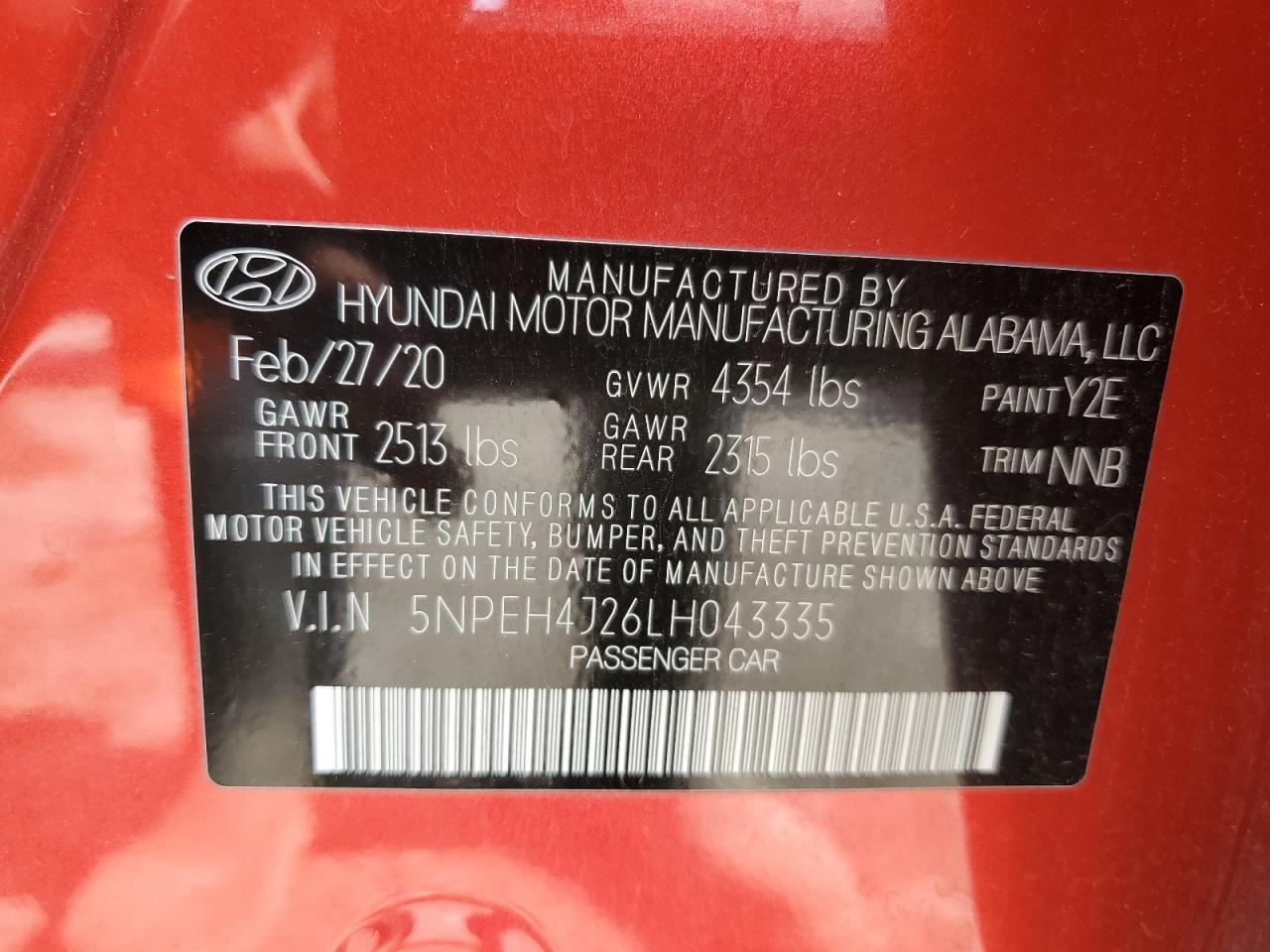 5NPEH4J26LH043335 2020 Hyundai Sonata Limited