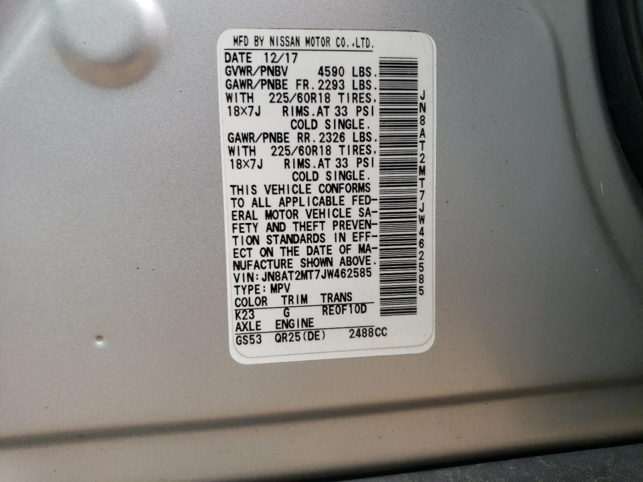 JN8AT2MT7JW462585 2018 Nissan Rogue S