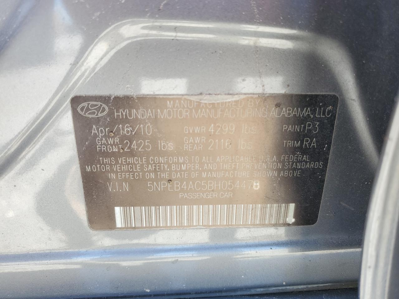 5NPEB4AC5BH054478 2011 Hyundai Sonata Gls
