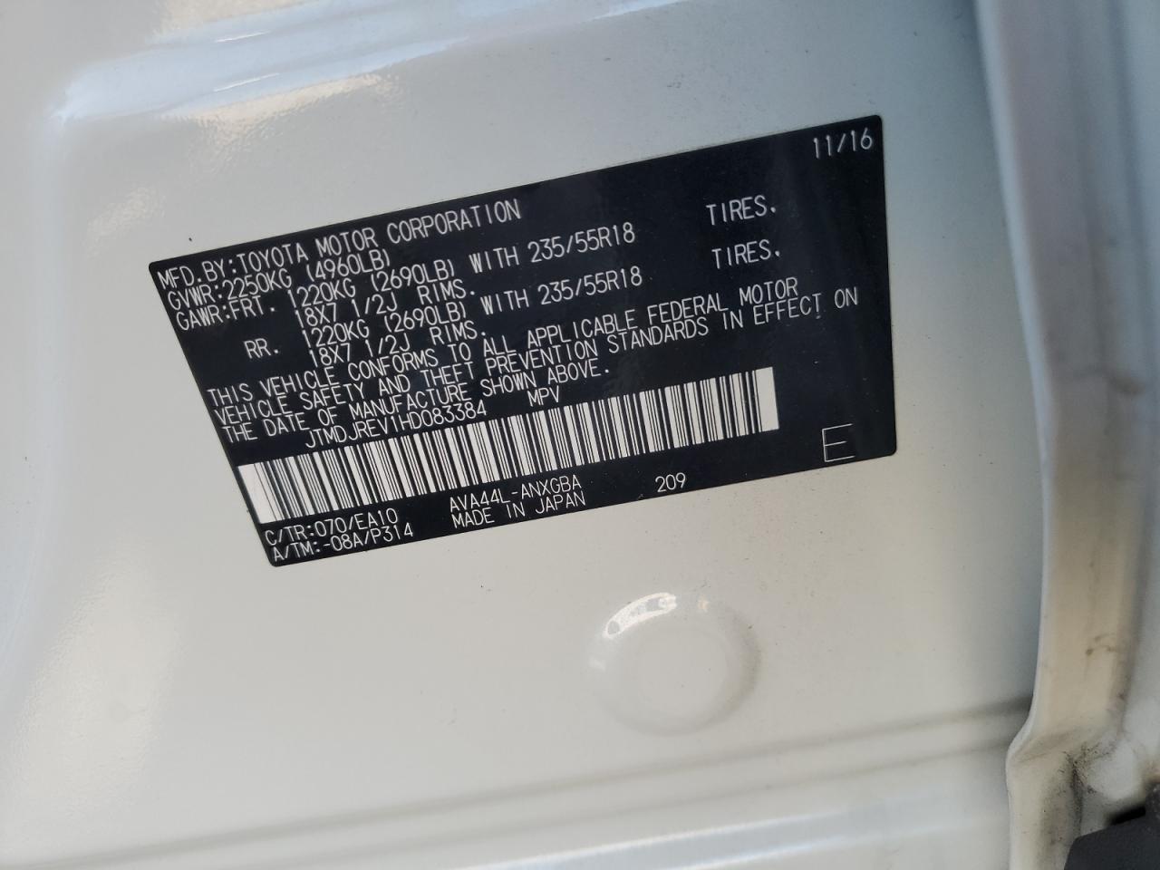 JTMDJREV1HD083384 2017 Toyota Rav4 Hv Limited