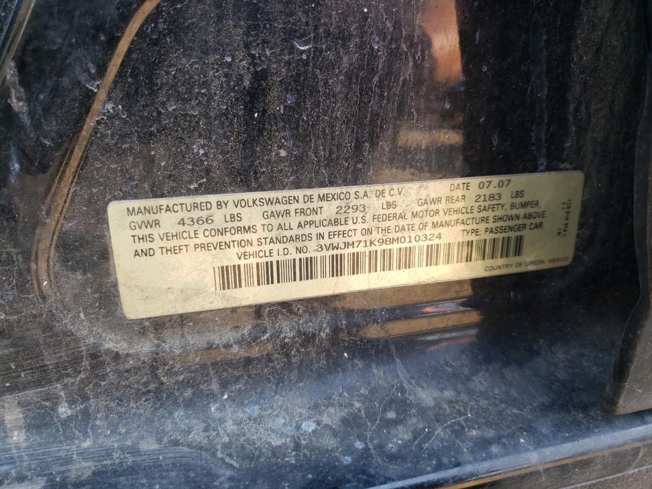 3VWJM71K98M010324 2008 Volkswagen Jetta S