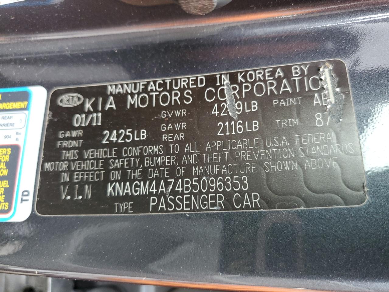 KNAGM4A74B5096353 2011 Kia Optima Lx