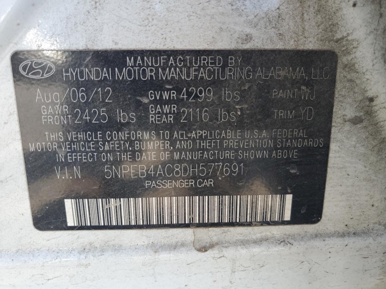 5NPEB4AC8DH577691 2013 Hyundai Sonata Gls