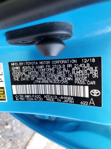 2019 Toyota Corolla Se VIN: JTNK4RBE9K3037295 Lot: 53960244