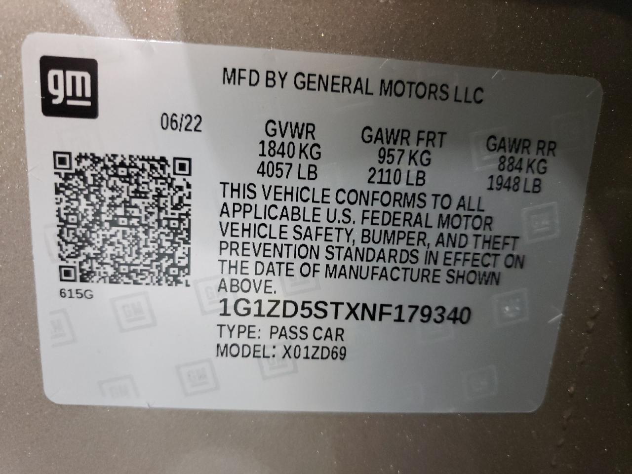 1G1ZD5STXNF179340 2022 Chevrolet Malibu Lt