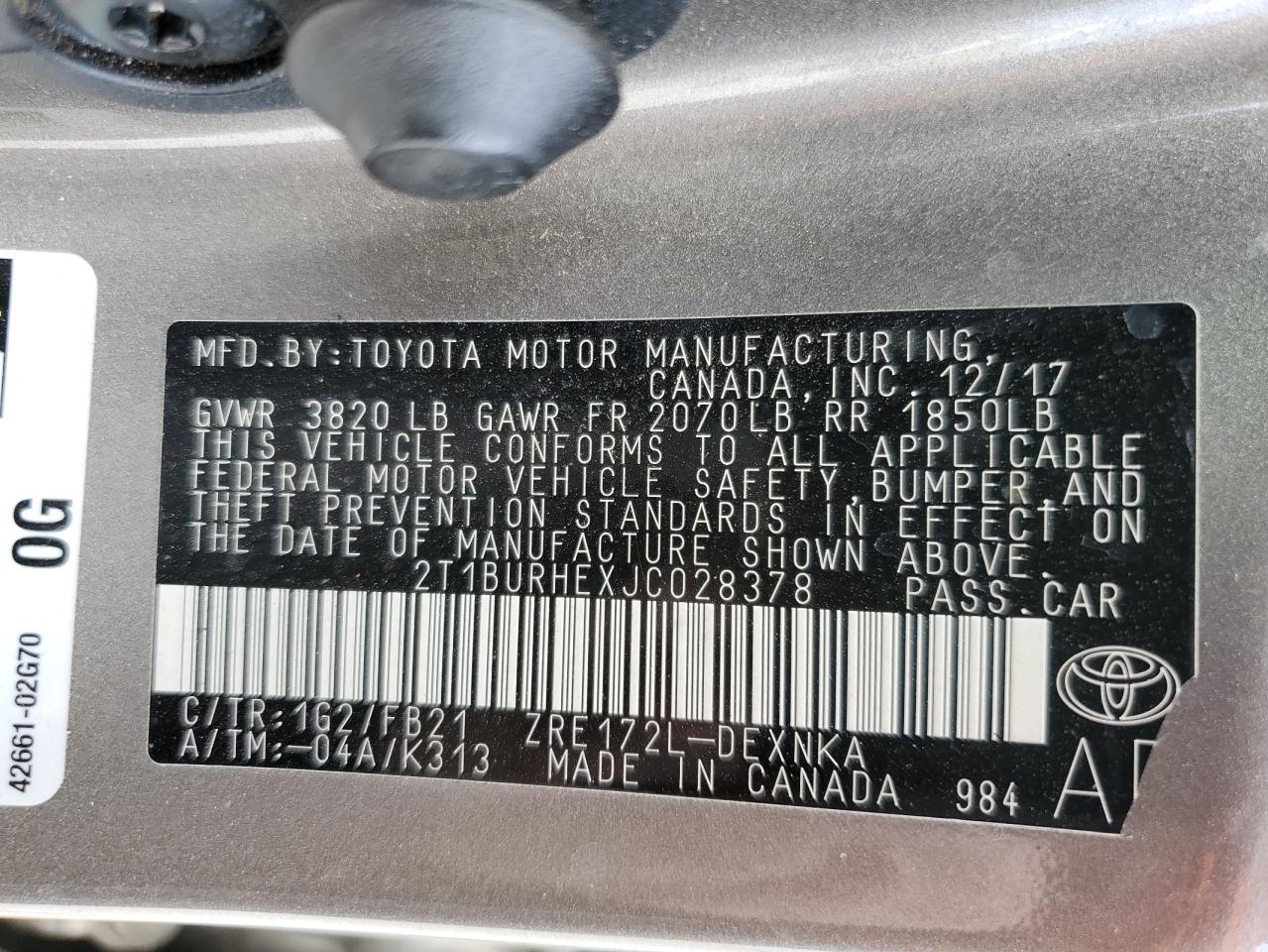 2T1BURHEXJC028378 2018 Toyota Corolla L