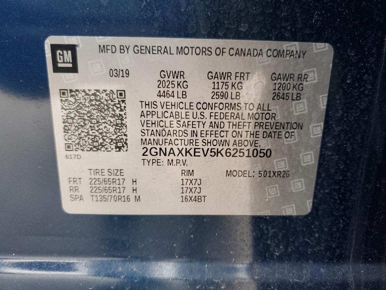 2GNAXKEV5K6251050 2019 Chevrolet Equinox Lt