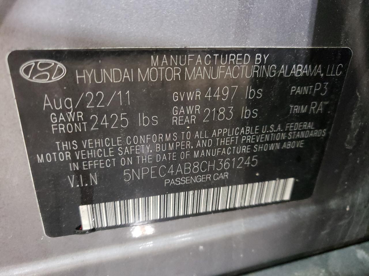 5NPEC4AB8CH361245 2012 Hyundai Sonata Se