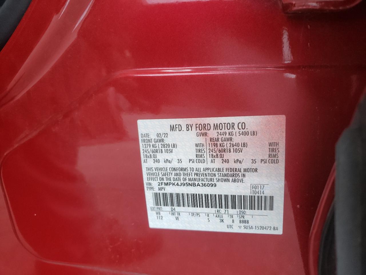 2FMPK4J95NBA36099 2022 Ford Edge Sel